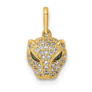 Real 14kt Yellow Gold Polished Green & White CZ Lioness Head Pendant - Picture 1 of 4
