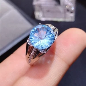 4Ct Natural Round Cut Blue Topaz Solitaire Men's Engagement Ring 14K Gold Plated - Picture 1 of 10