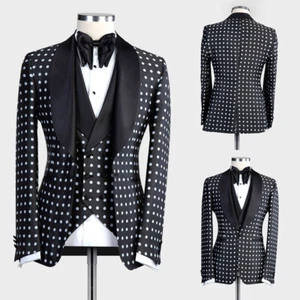 Men Black and White Polka Dot Suit Pants Vest Shawl Collar Coat Vintage Tailored - Picture 1 of 9