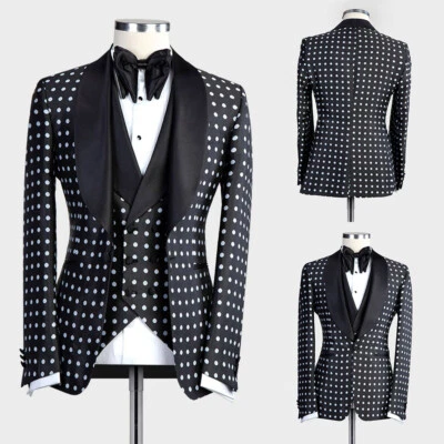 Men Black and White Polka Dot Suit Pants Vest Shawl Collar Coat Vintage Tailored - Image 1 of 4