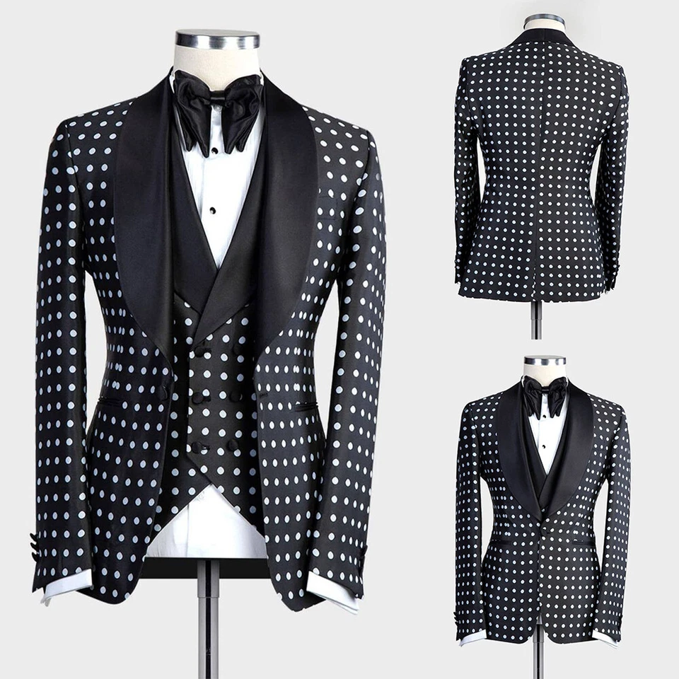 Men Black and White Polka Dot Suit Pants Vest Shawl Collar Coat Vintage Tailored - Image 1 of 4