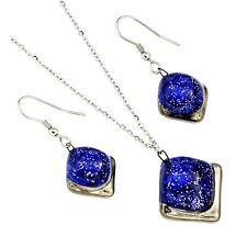 Blue Jewelry Set - Czech Bubble Glass with Platinum and Glitters - Handmade 