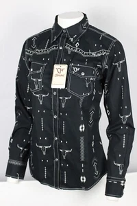 Cowgirl Hardware Women's Snap Button Western Shirt Skull Aztec Print Black - Picture 1 of 4
