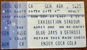 Toronto Blue Jays Versus Detroit Tigers Ticket Stub From September 27, 1987 - Picture 1 of 3