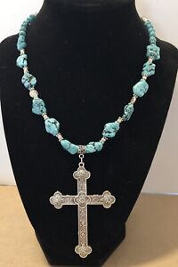 Necklace Large Cross W Howlite Turquoise Nugget/Beads 16+2” Artisan USA 1918
