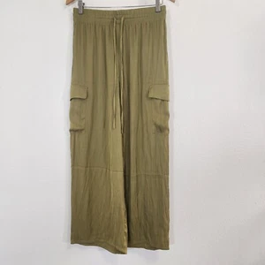 Rachel Zoe Pants Womens Medium Green Satin Pull On Wide Leg Elastic Waist Cargo - Picture 1 of 11