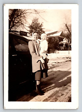 Photograph Snapshot Woman Mother Baby Child Car Houses Snow Christmas Day 1948