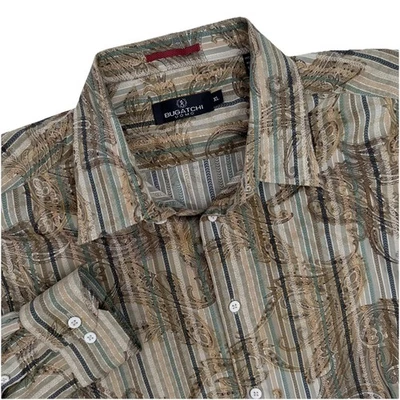 Bugatchi Uomo Shirt Mens XL Brown Green Paisley Striped Button Up Long Sleeve - Image 1 of 4