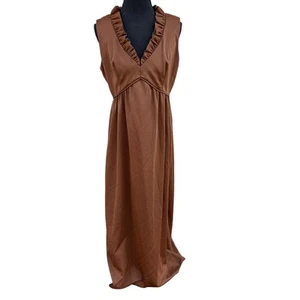 Vintage 70er Disco Prairie Hippie Kleid braun Rüschen ärmellos Maxi Gr. LARGE - Bild 1 von 6