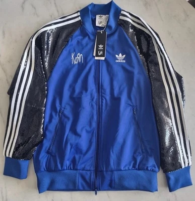 Jaqueta KORN ADIDAS edição limitada azul zíper completo terno de pista com lantejoulas pretas grande - Imagem 1 de 4