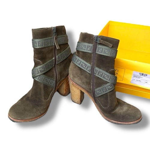 Stivali donna Fendi scamosciati verde militare tronchetto tacco grosso taglia 8 (38 EU)