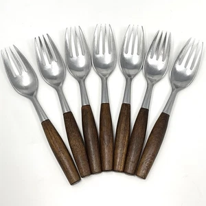 Dansk FJORD Dinner Forks Teak Handle Stainless Steel Germany 7 1/8” Set Of 7 - Picture 1 of 9