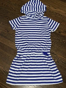 Girl J. Crew Crewcuts Blue Striped Terry Cloth Hoodie Swim Cover-Up Youth Medium - Picture 1 of 3