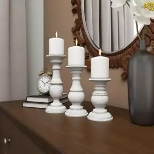 White Wood Candle Holders Set of 3 Rustic Farmhouse Pillar Decor Home Mantel - Picture 1 of 12