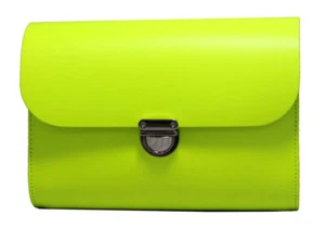 Fait à la Main UK Fluo Jaune Cuir Cartable Croix Corps Fermoir Sac à Main - Bild 1 von 8