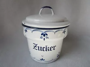 Emaille-Vorratsdose Deckel-Dose Zucker Email Zuckerdose modern weiß-blaues Dekor - Bild 1 von 7