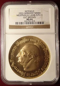 Stunning 1923 Germany Westphalia 50 Million Mark Notgeld Gilt Bronze NGC MS64! - Picture 1 of 3