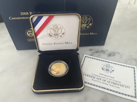 2008-W Proof $5 Gold Bald Eagle Commemorative Coin Box OGP COA US MINT Bullion Cover