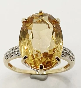 Large Lemon Quartz & Diamond Shank Ring 9ct Yellow Gold Size T 1/2 - Picture 1 of 12
