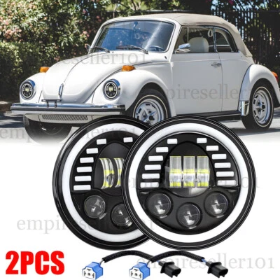 Pair 7" Inch Round LED Headlights Hi/Low Beam Halo DRL for VW Beetle 1950-1979 - Image 1 of 4