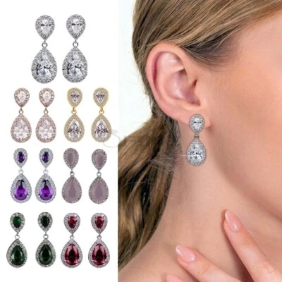 Luxurious 925 Sterling Silver Teardrop Shape Cubic Zirconia Drop Dangle Earrings - Image 1 of 4