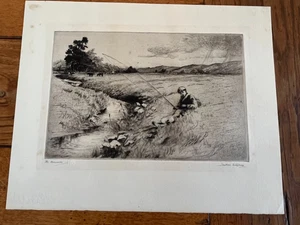 early 1900s jackson simpson etching - the burnside boy fishing . signed - Picture 1 of 10