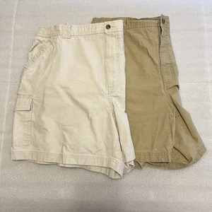 LL Bean Chino Shorts Mens 42W Tan And Cream Colored Lot Of 2 Comfort Waist - Picture 1 of 18