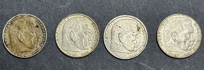 Lot of 4- 2 REICHSMARK SILVER Coins SWASTIKA HINDENBURG 1936, 37, 38, 39  VF - Image 1 of 4