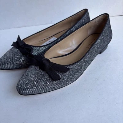 Talbots Womens 7 Edison Party Bow Silver Metallic Glitter Flats Slip on NEW $128 - Image 1 of 4