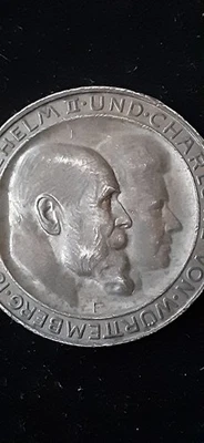 1911F Alemania Württemberg 3 marcos Guillermo II y Carlota 25 aniversario de boda Foto 1 de 4