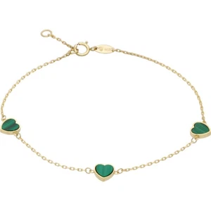 New 9ct Yellow Gold 3 Malachite Heart 7.5" Bracelet 190mm(7.5") 9ct gold For Her - Picture 1 of 2