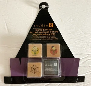 Studio G HALLOWEEN Rubber 3 STAMP & INK SET Skeletons Spider Web NOS - Picture 1 of 1