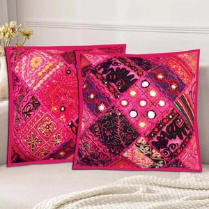 2 Pcs Patachwork Cushion Cover Embroidery Banjara Home Decor Rajasthani Pillow - Picture 1 of 11