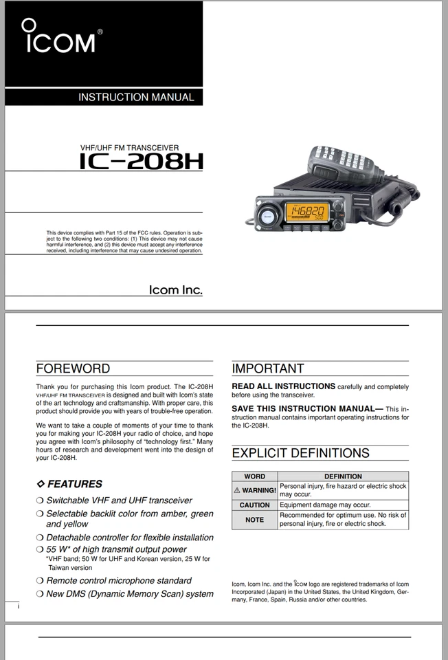 ICOM IC-208H Instruction Manual - Image 1 of 1