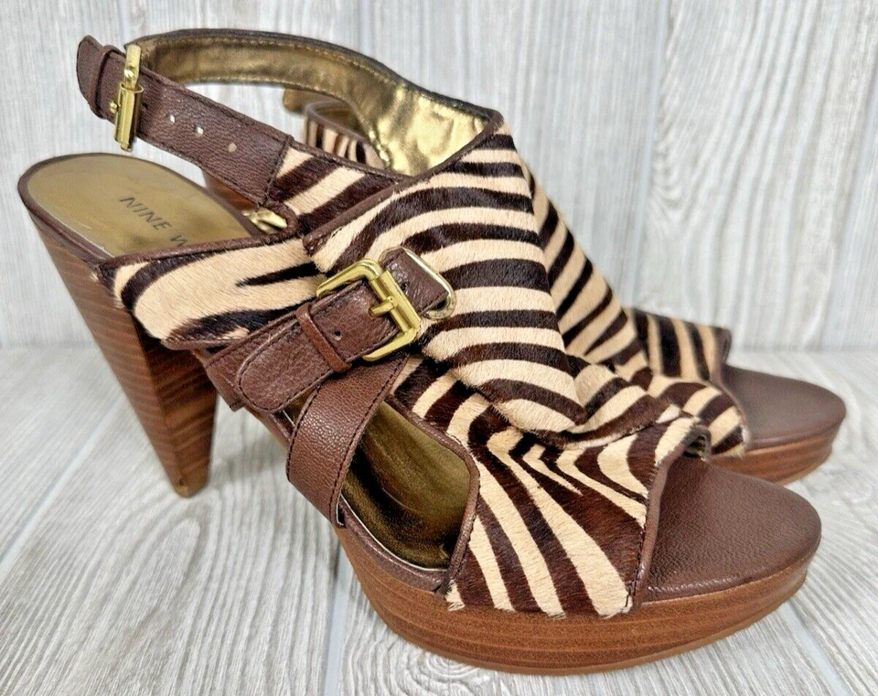 Vintage Nine West Open Toe Platform Cow Leather Shoe Zebra Print Fur Size 8 Heel - Image 1 of 4