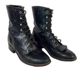 Larry Mahan Western Boots Womens size 7 Black Tooled Leather Vintage Lace Up 90s - Picture 1 of 10