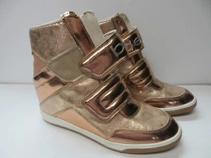 Bebe Women's Metallic Rose Gold High Top Wedge Sneakers – Size 8.5 - Picture 1 of 6
