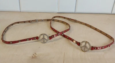 Rhinestone Peace Sign 22" Red Leather Studded Wrap Bracelets (2) ~ Vtg Clair's - Image 1 of 4