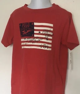 Ralph Lauren Boys T-Shirt~Sunrise Red~Polo 67~US Flag Graphic~SS~Size 4~NWT - Picture 1 of 9