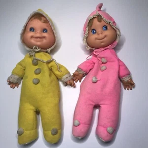 2 VTG 1970 Baby Beans Mattel Dolls YELLOW & PINK Blonde Hair Blue Eyes - Picture 1 of 6
