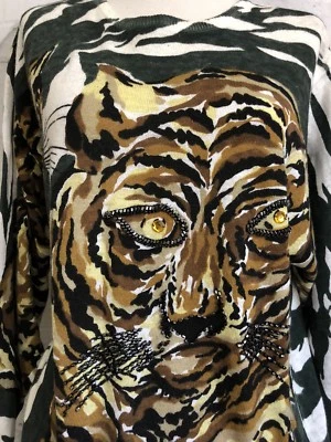 OLEG CASSINI 复古串珠老虎装饰女式毛衣上衣 S 码 — 第 1/4 张图片