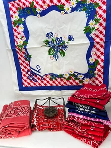 Bandanas red blue picnic cloth 10 cotton runners napkins metal holder Vintage - Picture 1 of 14