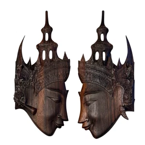 2 Vtg Rama & Sita Balinese Heads Hand Carving Teak Wood Native of Southeast Asia - Picture 1 of 9