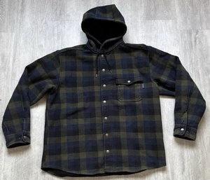 Wolverine Bottom Down Flannel Jacket Fleece Lining Size Large Navy/Green Hood - Bild 1 von 16