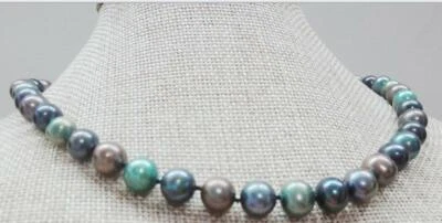 Huge 18"9-11mm natural south sea black green multicolor round pearl neckalce 14k - Image 1 of 4