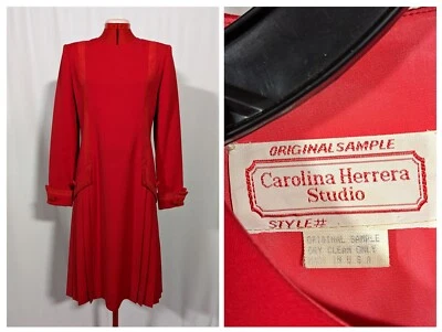 Carolina Herrera Studio Vtg 80s Red Wool Pleated Archive Museum Dress CH Suede - Image 1 of 4