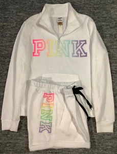 Victoria's Secret Pink Ombre Rainbow QZ Pullover + Boyfriend Shorts Set L NWT - Picture 1 of 7