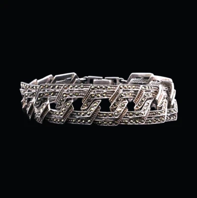 Pulsera de eslabones anchos de cadena de marcasita Art Deco de plata de ley 925 para hombre y mujer Foto 1 de 4