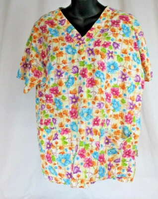 Crest Cottons Womens Scrub Top Medium Pink Blue Purple Green Floral Flowers - Image 1 of 4