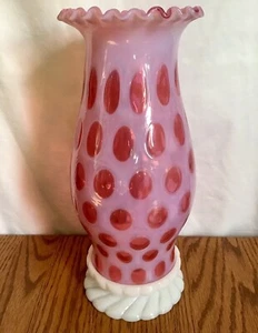 Vintage Fenton art glass cranberry opalescent coin dot hurricane candle lamp - Picture 1 of 4